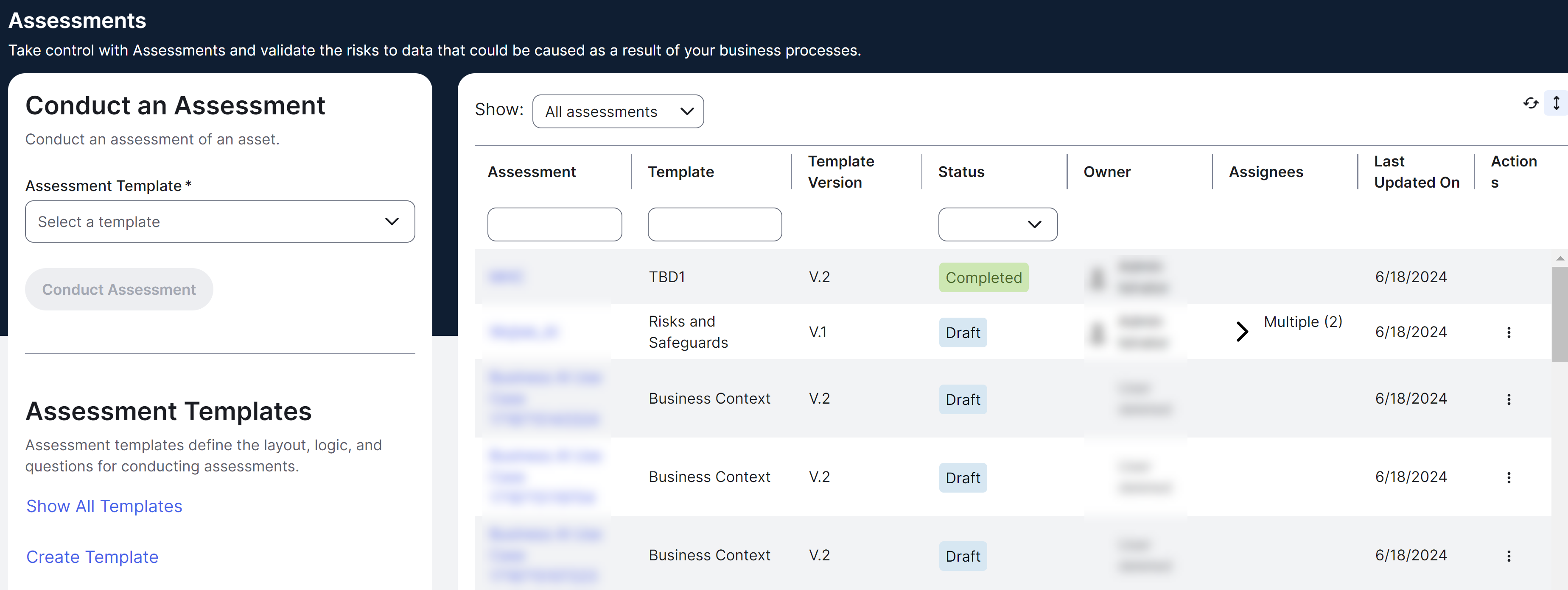 Assessments landing page