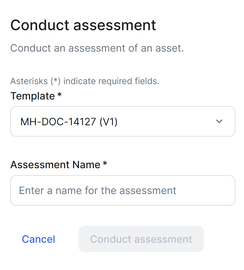 Image of the Assessments landing page with a template not having an asset type selected