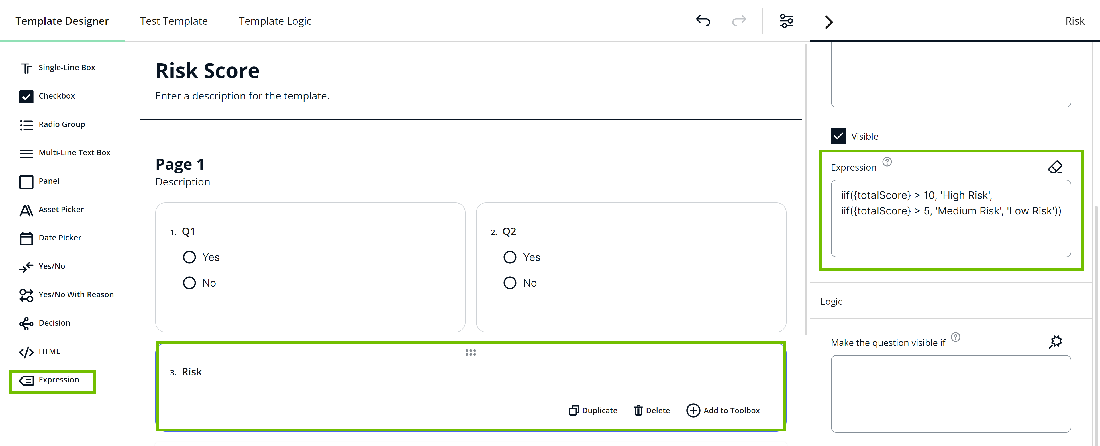 Template Designer tab with the Expression section Image of the Template Designer tab with the Expression section