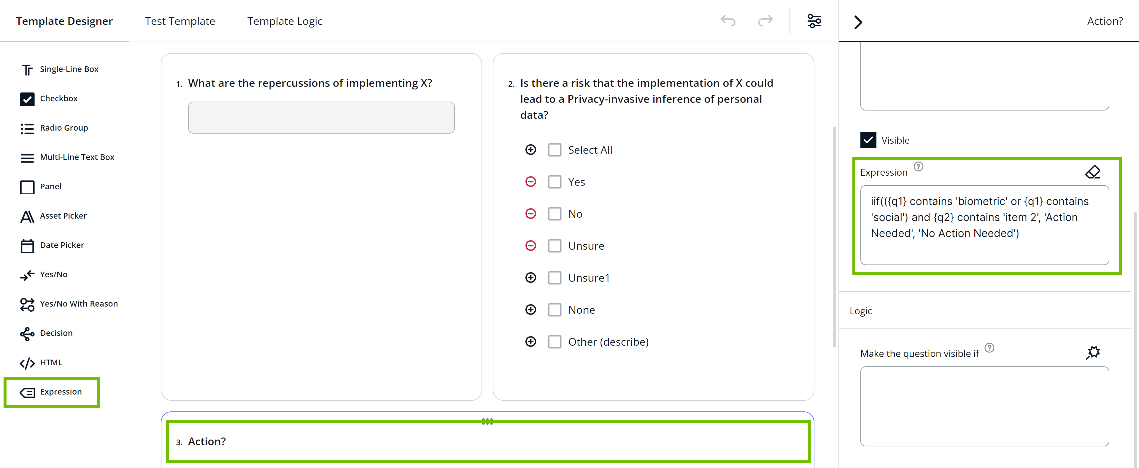 Template Designer tab with the Expression section Image of the Template Designer tab with the Expression section