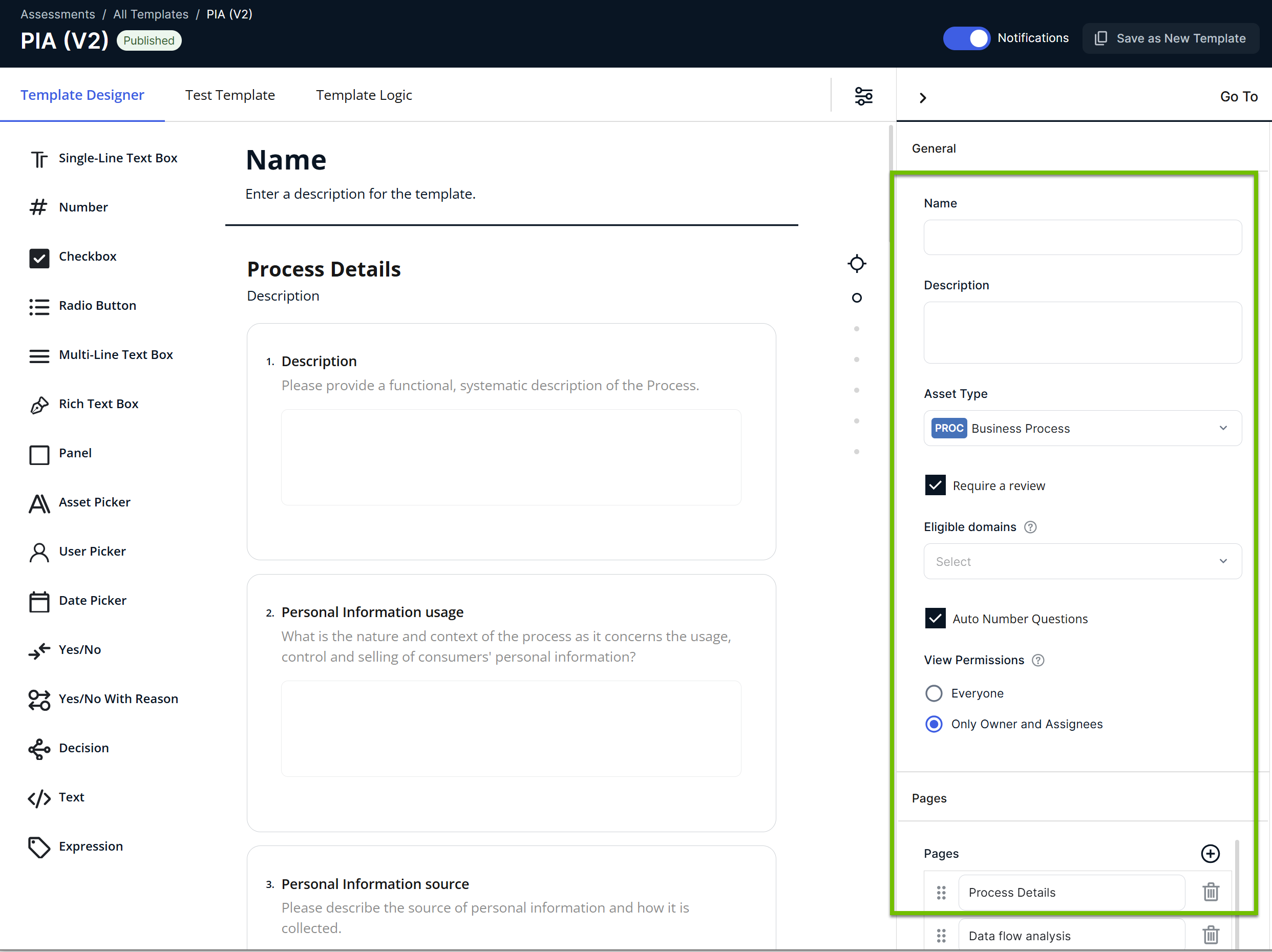 Template settings Image of template settings