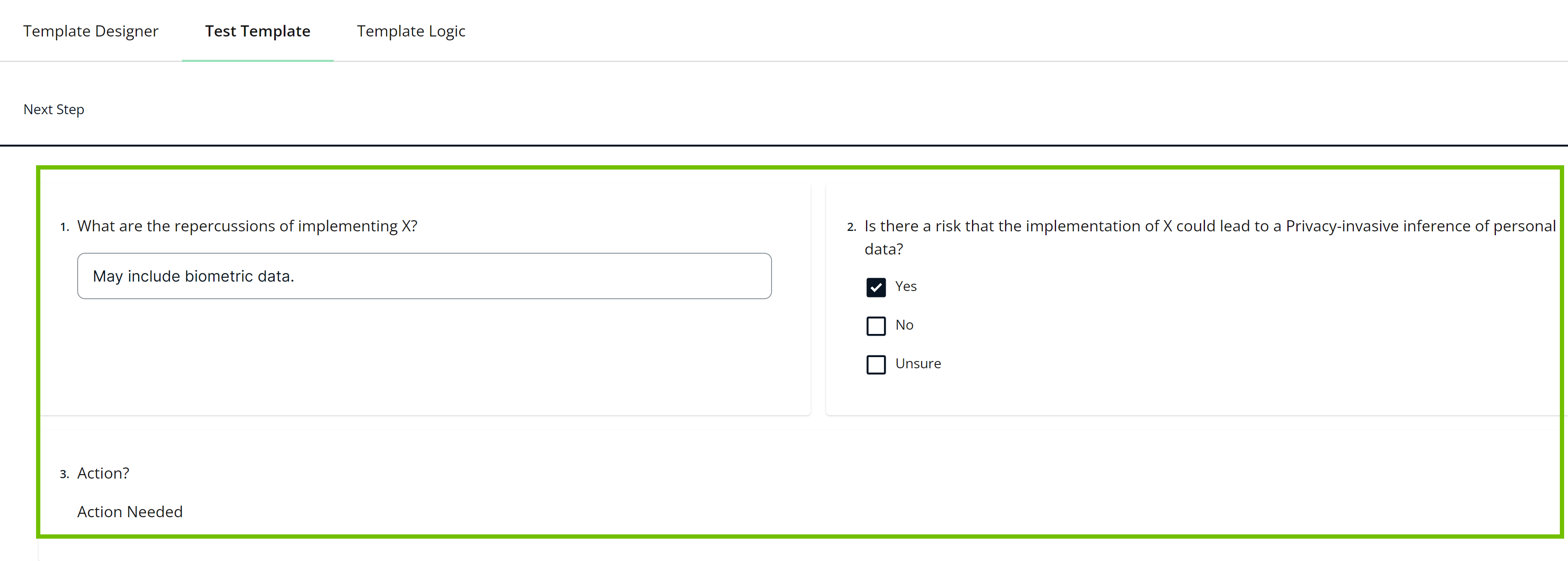 Test Template tab Image of the Test Template tab