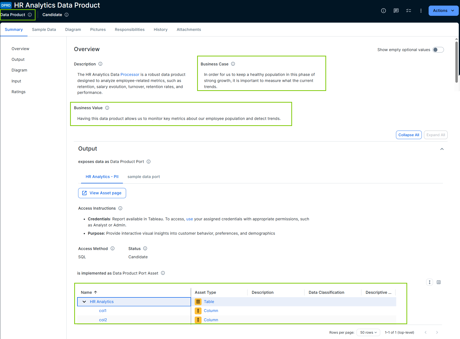 Image of Data Product asset Image of Data Product asset with highlights to show the three components