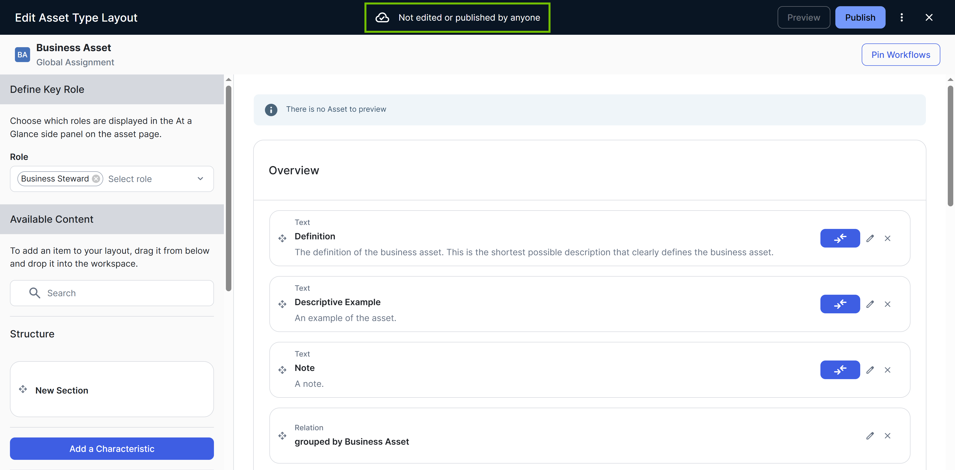 Image of the Edit Asset Type Layout page showing the message