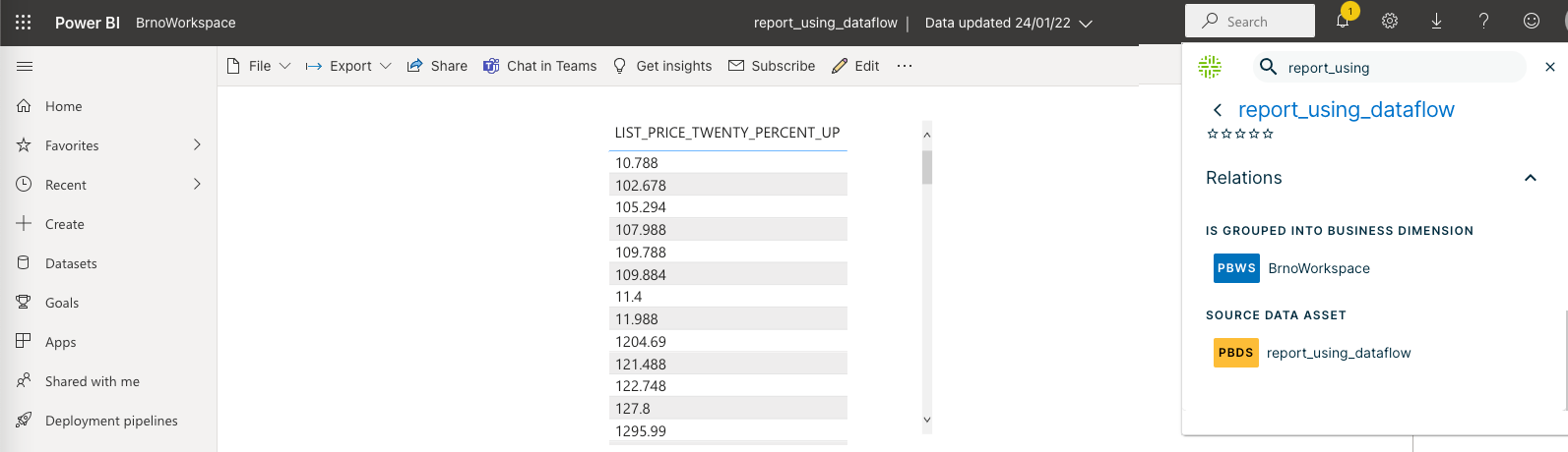 PowerBI report Browser extension showing PowerBI report information