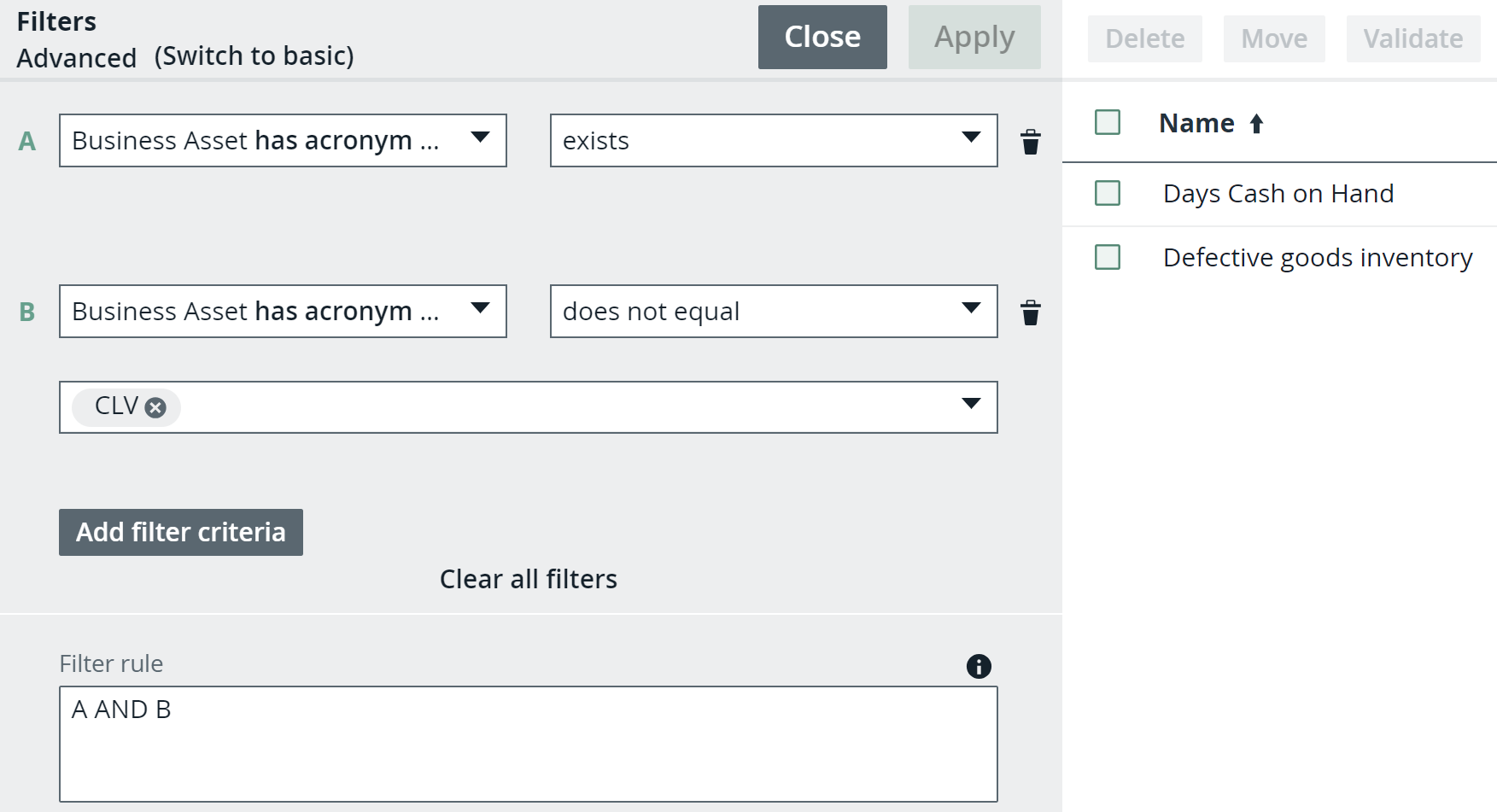 Image of the advanced filter with the exists condition