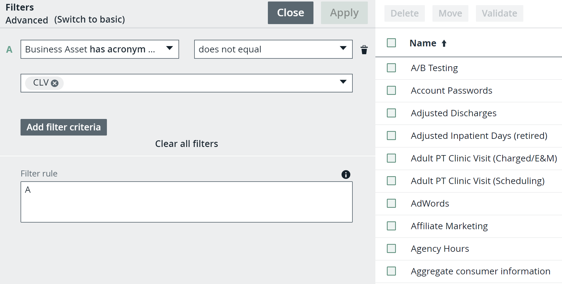 Image of the advanced filter without the exists condition