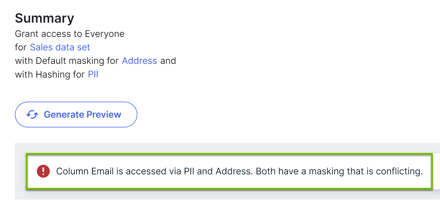 Data Access Rule dialog box showing an error message Image of the Data Access Rule dialog box showing an error message