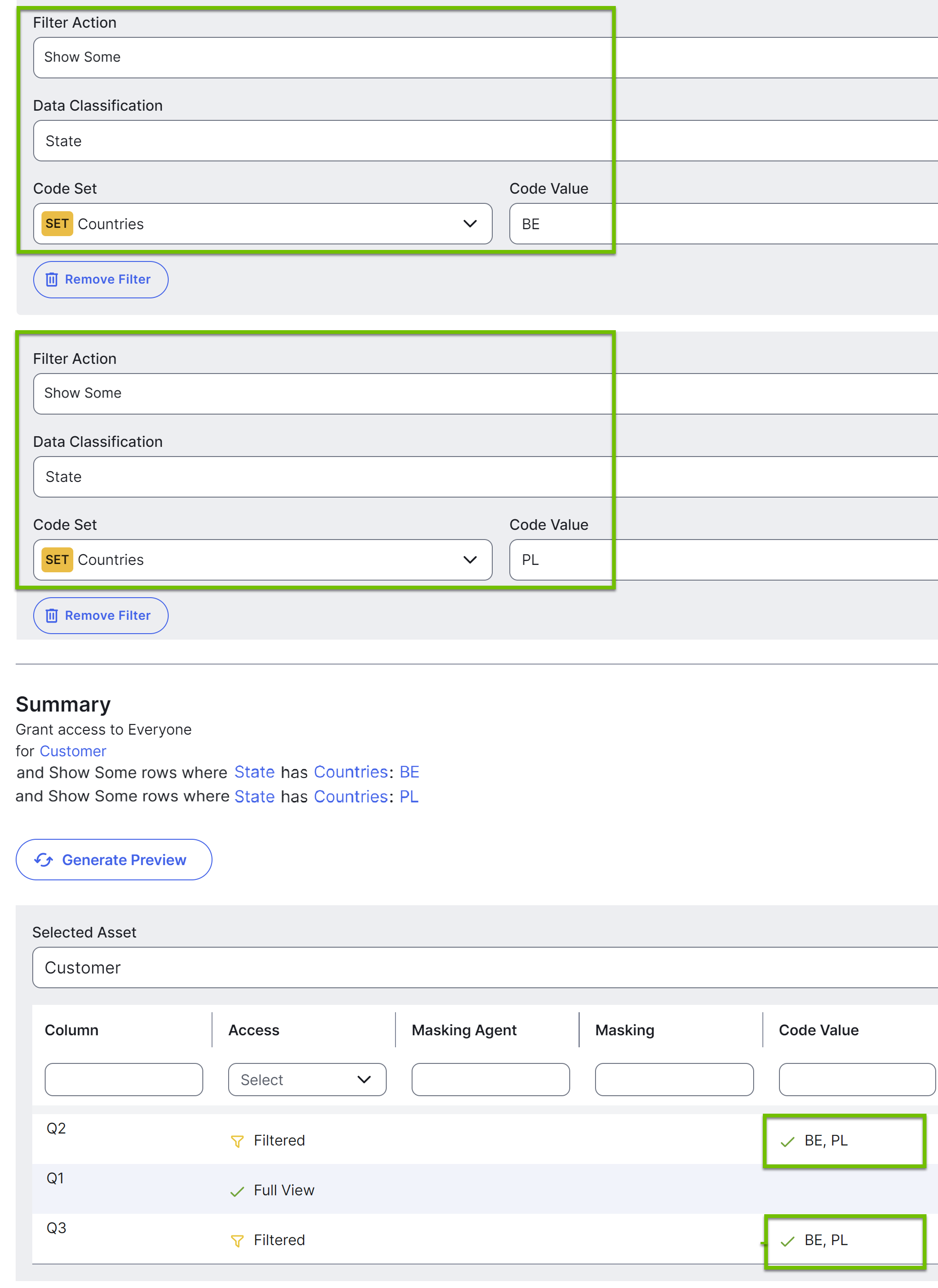 Image of the Data Access Rule dialog box showing acceptable row filters