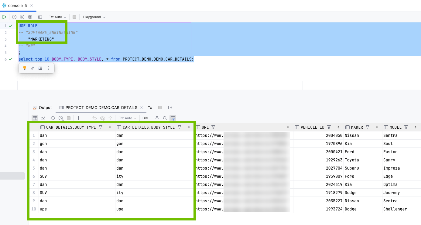 Image of the data shown to the Marketing group in Snowflake