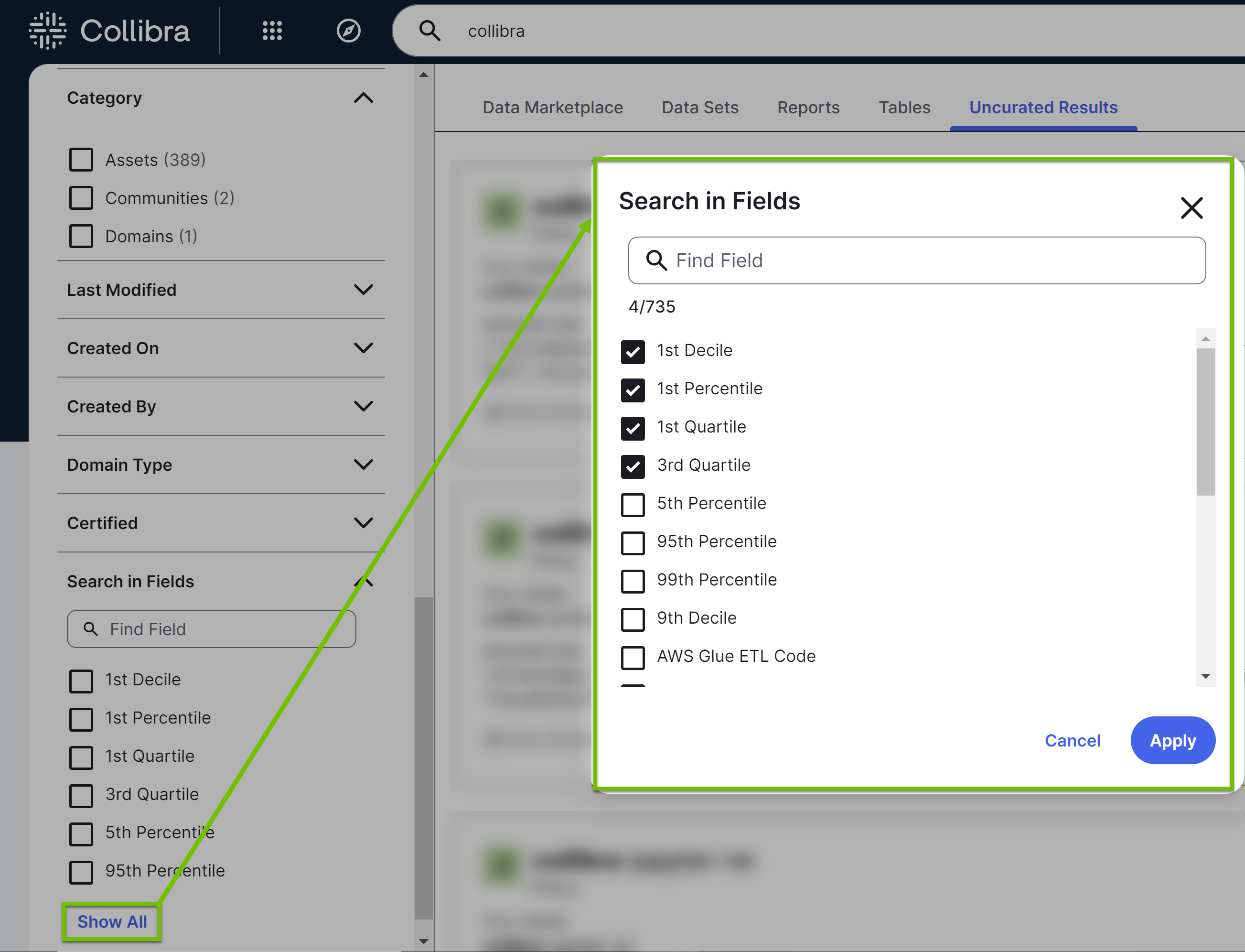 Search in Fields dialog box Image of the Search in Fields dialog box