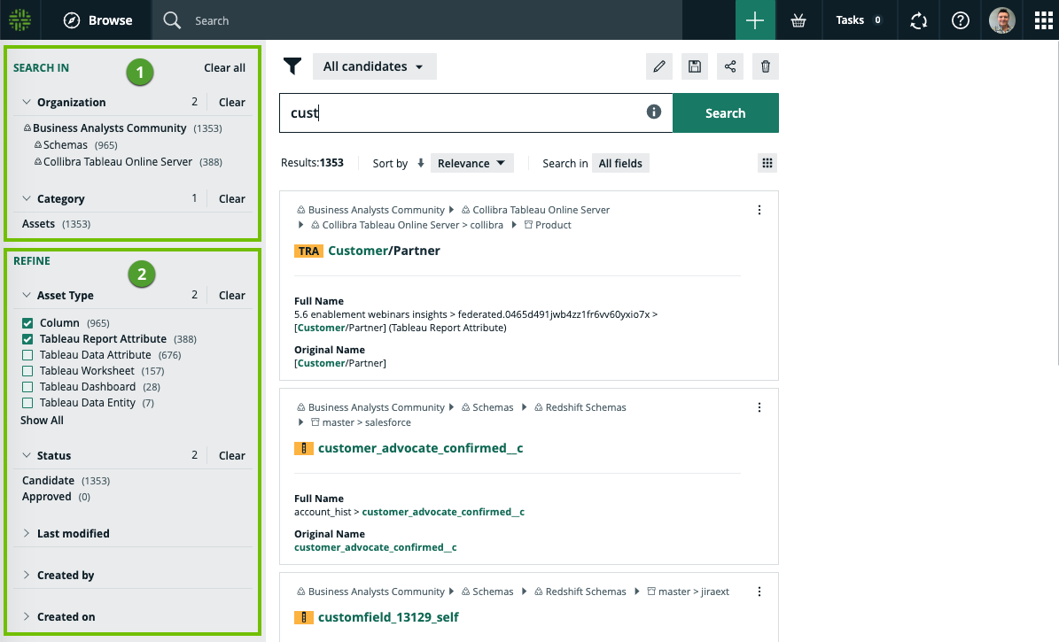 Facet pane Image of the facet pane